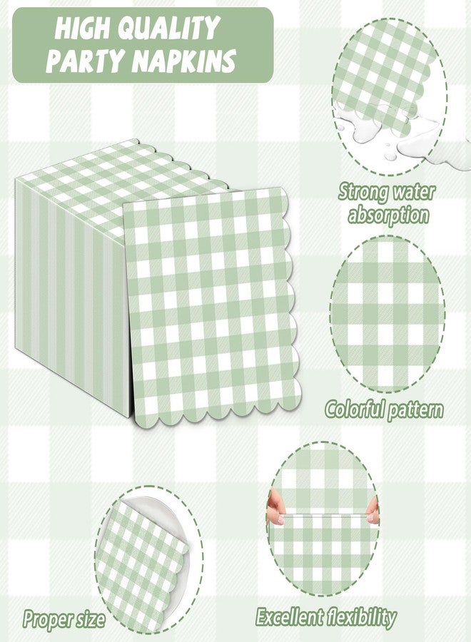 ojustbeok 50Pcs Sage Green Plaid Napkins Green White Paper Napkin Checkered Party Supplies Scalloped Disposable 5 x 5inches Dinner Guest Napkins for Baby Shower Birthday Barbecue Wedding Spring Party Favor - Image 3